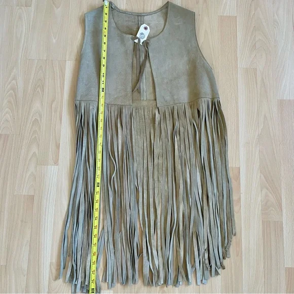 Vintage Suede Leather Long Fringe Vest Taupe Camel Boho Layering Piece NWT - Picture 16 of 16
